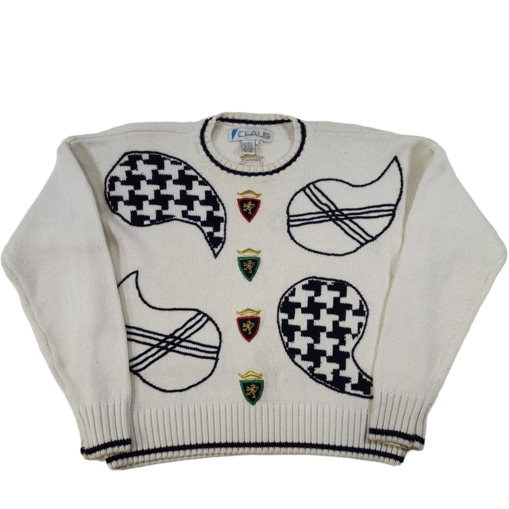 Vintage 90s Chaus Sweater Women's Size L White Colorful Embroidered Grannycore